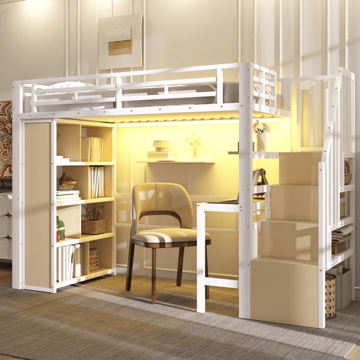Cama alta 90x200 - estrutura de ferro, secretária, prateleira, LED e escada com arrumação - Branco