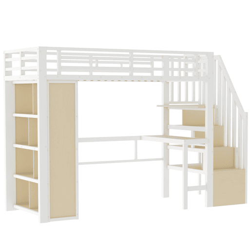 Cama alta 90x200 - estrutura de ferro, secretária, prateleira, LED e escada com arrumação - Branco