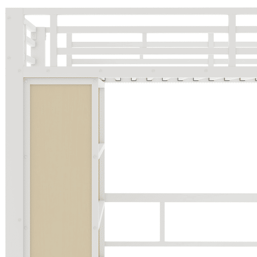 Cama alta 90x200 - estrutura de ferro, secretária, prateleira, LED e escada com arrumação - Branco