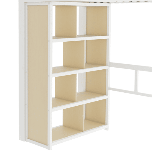 Cama alta 90x200 - estrutura de ferro, secretária, prateleira, LED e escada com arrumação - Branco