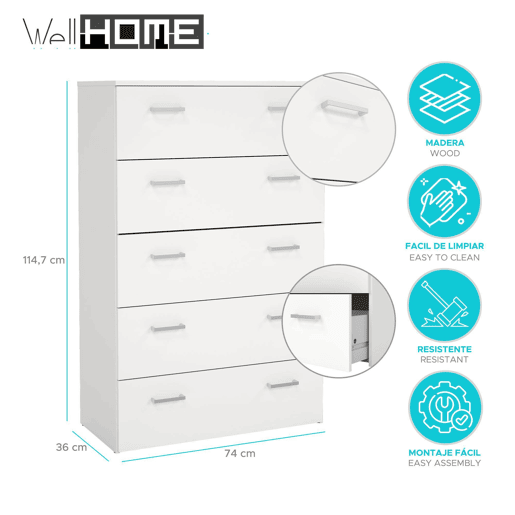 Cômoda Duero WellHome com 5 gavetas Cômoda Duero WellHome com 5 gavetas