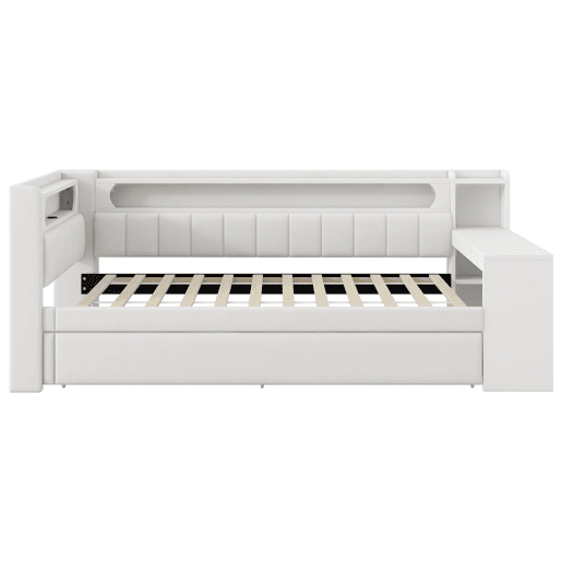Cama de dia 90x200 - Estofada com LED e USB, com cama extra e secretária - Branca Cama de dia 90x200 - Estofada com LED e USB, com cama extra e secretária - Branca