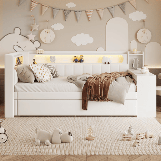 Cama de dia 90x200 - Estofada com LED e USB, com cama extra e secretária - Branca Cama de dia 90x200 - Estofada com LED e USB, com cama extra e secretária - Branca