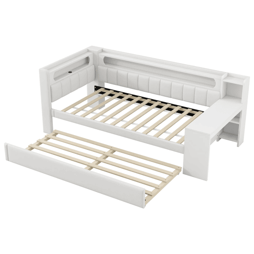 Cama de dia 90x200 - Estofada com LED e USB, com cama extra e secretária - Branca Cama de dia 90x200 - Estofada com LED e USB, com cama extra e secretária - Branca