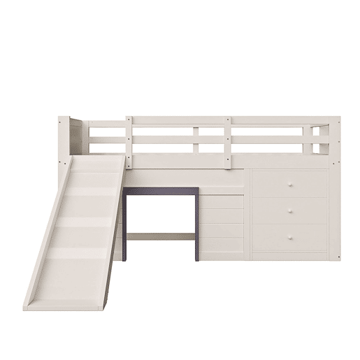 Cama alta baixa 90x200 - com rampa, 3 gavetas e 2 portas - creme
