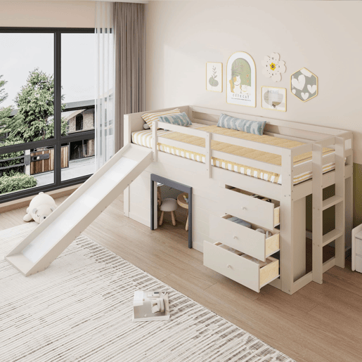 Cama alta baixa 90x200 - com rampa, 3 gavetas e 2 portas - creme