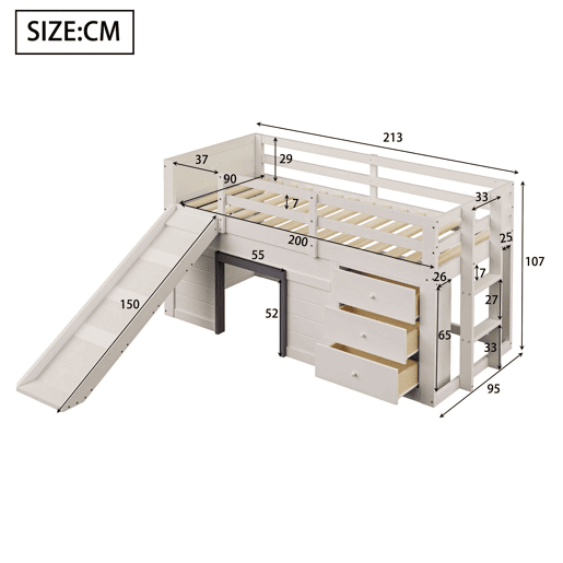 Cama alta baixa 90x200 - com rampa, 3 gavetas e 2 portas - creme