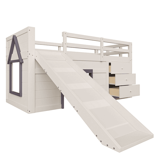 Cama alta baixa 90x200 - com rampa, 3 gavetas e 2 portas - creme