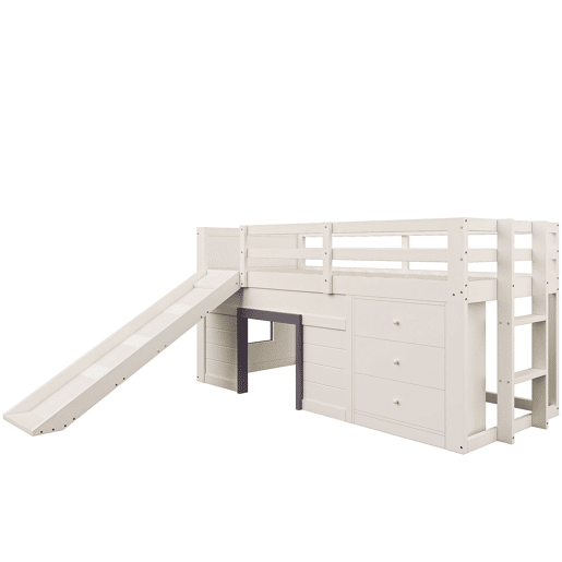 Cama alta baixa 90x200 - com rampa, 3 gavetas e 2 portas - creme