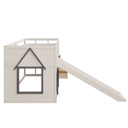 Cama alta baixa 90x200 - com rampa, 3 gavetas e 2 portas - creme