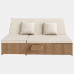 Espreguiçadeira exterior Rattan - Dupla, dobrável, com almofadas, resistente às intempéries - Branca