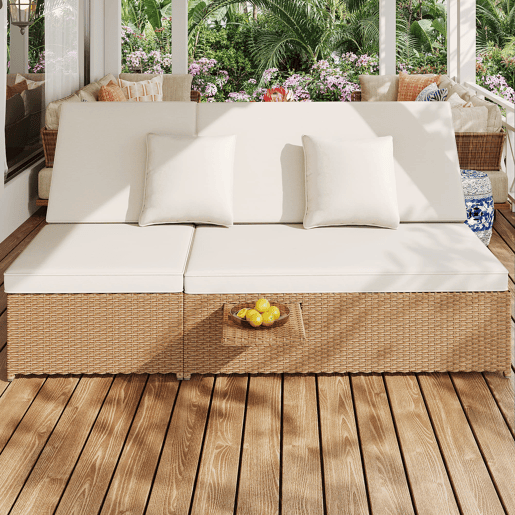 Espreguiçadeira exterior Rattan - Dupla, dobrável, com almofadas, resistente às intempéries - Branca