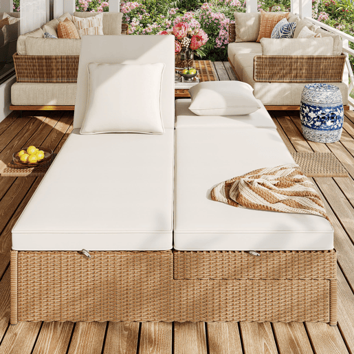 Espreguiçadeira exterior Rattan - Dupla, dobrável, com almofadas, resistente às intempéries - Branca