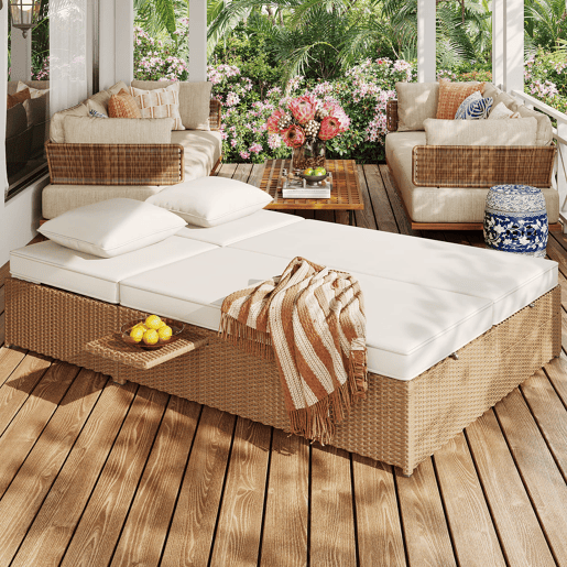 Espreguiçadeira exterior Rattan - Dupla, dobrável, com almofadas, resistente às intempéries - Branca