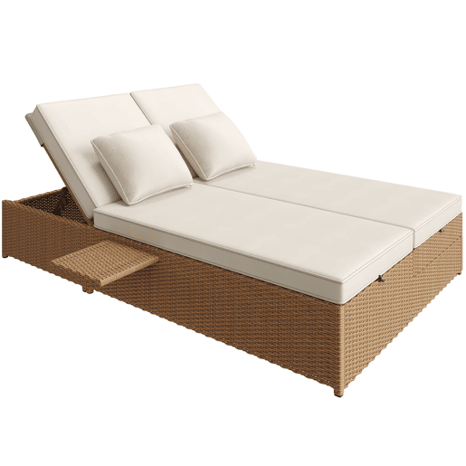 Espreguiçadeira exterior Rattan - Dupla, dobrável, com almofadas, resistente às intempéries - Branca