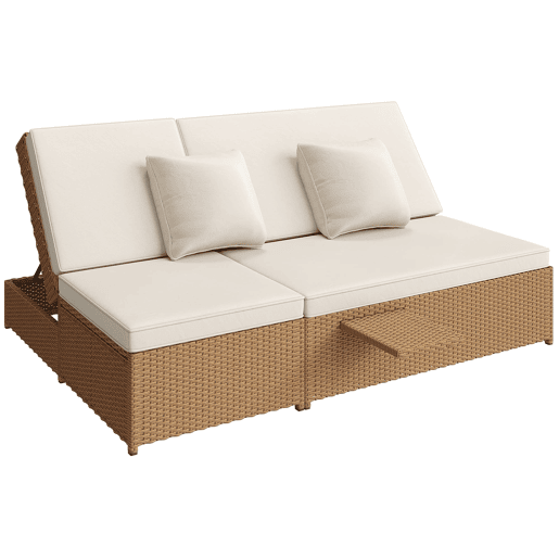 Espreguiçadeira exterior Rattan - Dupla, dobrável, com almofadas, resistente às intempéries - Branca