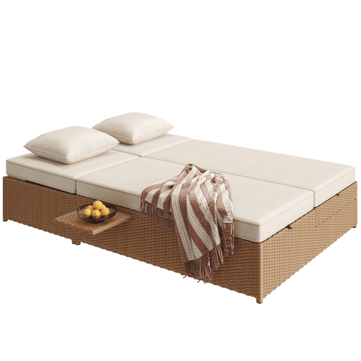 Espreguiçadeira exterior Rattan - Dupla, dobrável, com almofadas, resistente às intempéries - Branca