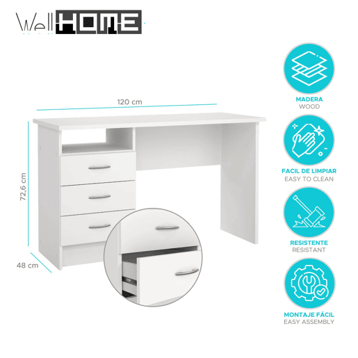 Escrivaninha WellHome Tormes com 3 gavetas