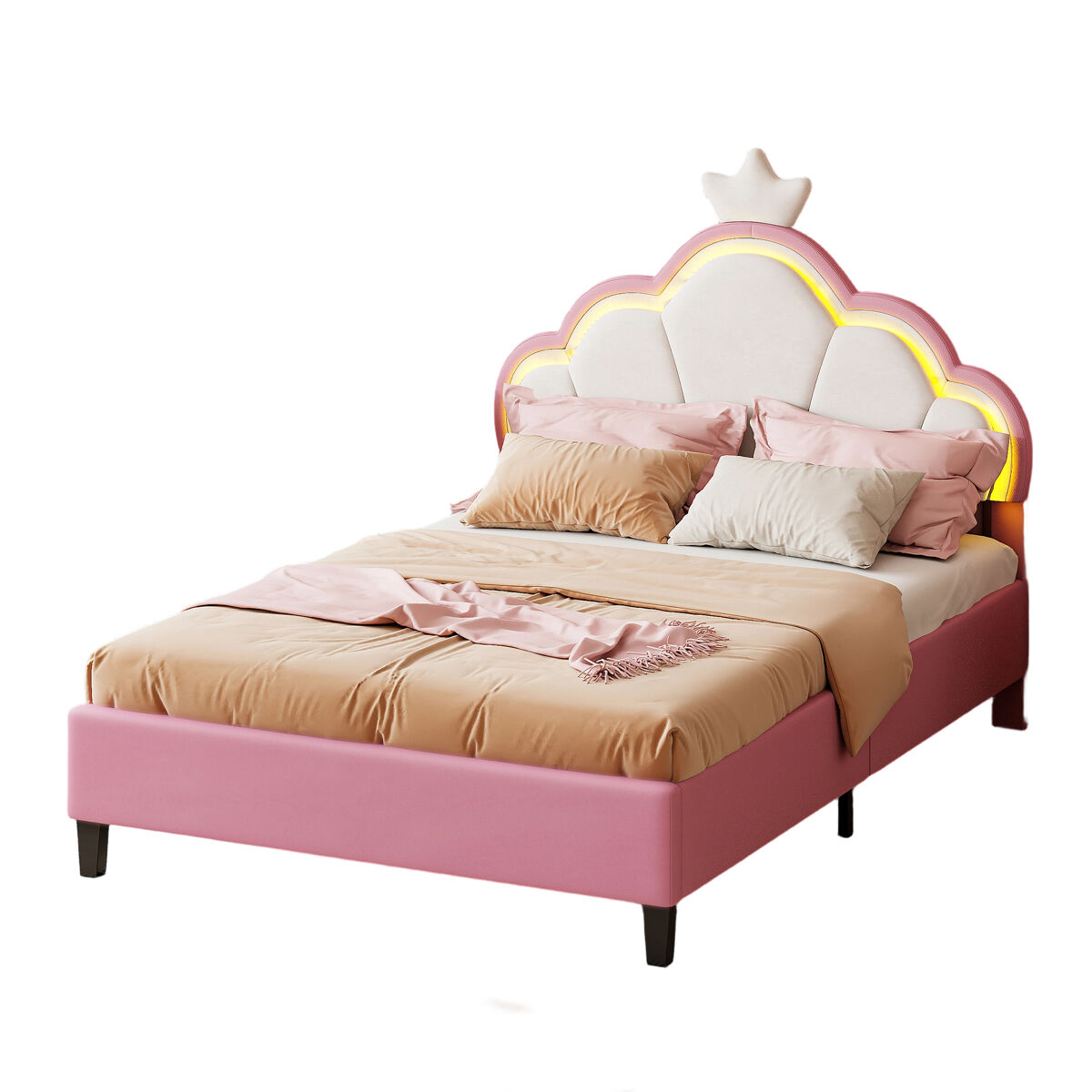 Cama tapizada con LED, mando a distancia y diseño de corona
