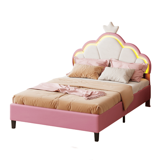 Cama 90x200 cm estofada em veludo rosa e branco com iluminação LED, design de coroa, controle remoto e modos personalizáveis