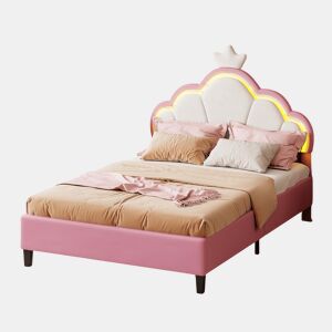 Cama 90x200 cm estofada em veludo rosa e branco com iluminação LED, design de coroa, controle remoto e modos personalizáveis