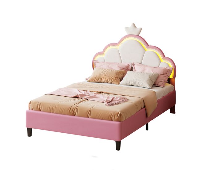 Cama 90x200 cm tapizada en terciopelo rosa y blanco con iluminación led, diseño de corona, mando a distancia y modos personalizables