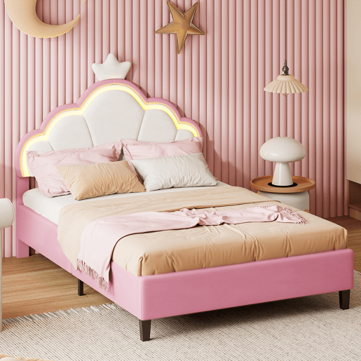 Cama 90x200 cm estofada em veludo rosa e branco com iluminação LED, design de coroa, controle remoto e modos personalizáveis