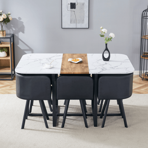 Conjunto de sala de jantar para 4-6 pessoas - Mesa extensível e cadeiras dobráveis - Branco e preto Conjunto de sala de jantar para 4-6 pessoas - Mesa extensível e cadeiras dobráveis - Branco e preto