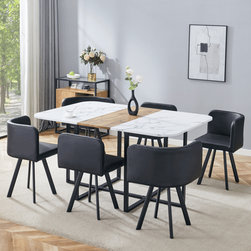 Conjunto de sala de jantar para 4-6 pessoas - Mesa extensível e cadeiras dobráveis - Branco e preto Conjunto de sala de jantar para 4-6 pessoas - Mesa extensível e cadeiras dobráveis - Branco e preto