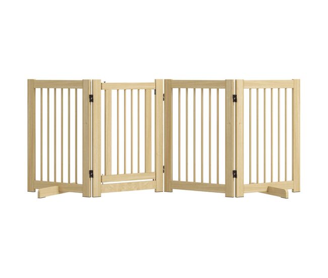 Pawhut barrera de seguridad para perros de madera plegable, para escaleras y puertas, valla para perros pequeños y medianos de 4 paneles, con soporte de pie, para interiores, 204x36x75 cm, natural