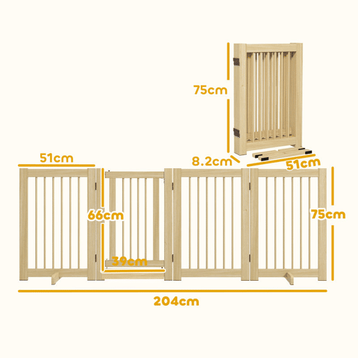 PawHut Barreira de Segurança para Cães em Madeira Dobrável para Escadas e Portas Veda para Cães Pequenos e Médios de 4 Painéis com Suporte de Pé para Interiores 204x36x75 cm Madeira
