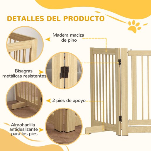 PawHut Barreira de Segurança para Cães em Madeira Dobrável para Escadas e Portas Veda para Cães Pequenos e Médios de 4 Painéis com Suporte de Pé para Interiores 204x36x75 cm Madeira