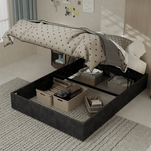 Cama 140x200 cm - estrutura com elevação a gás em veludo - cinzento