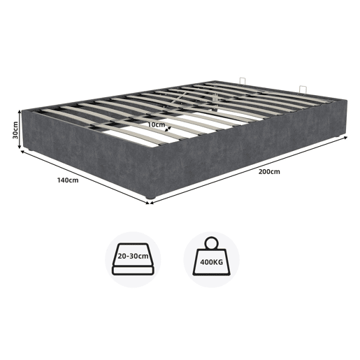 Cama 140x200 cm - estrutura com elevação a gás em veludo - cinzento