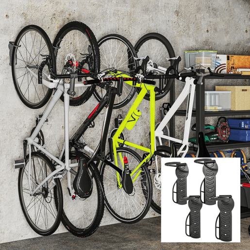 SPORTNOW Conjunto de Suportes de Parede para Bicicletas com 4 Peças Gancho Dobrável para Bicicleta até 30 kg Suporte de Armazenamento Vertical com Parafusos para Casa Garagem e Cave Preto