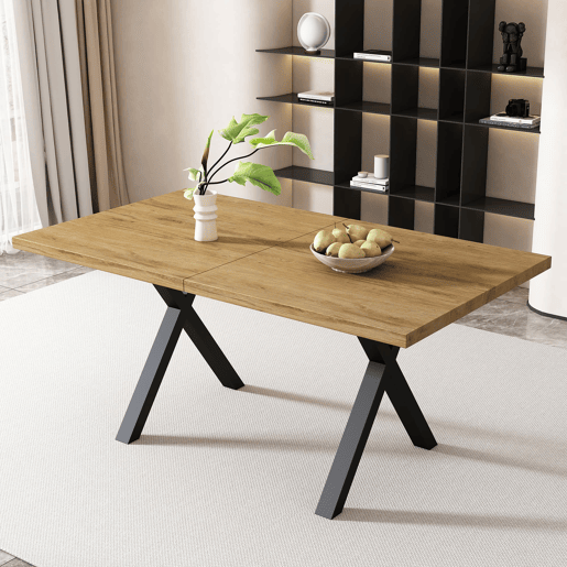 Mesa de jantar 140x80x76 cm - design moderno com pernas cruzadas, ferro e carvalho, preto
