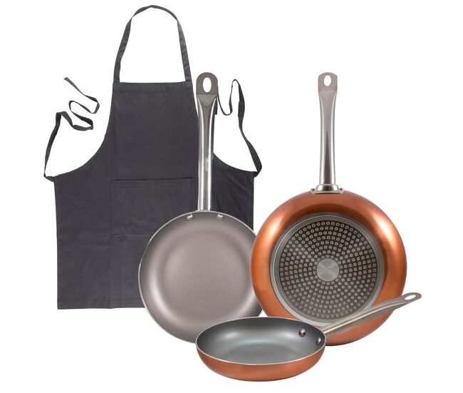 Set 3 sartenes san ignacio (18,22,26cm) aluminio prensado, aptas para inducción+delantal de cocina gris oscuro 100% algodón 75x80cm