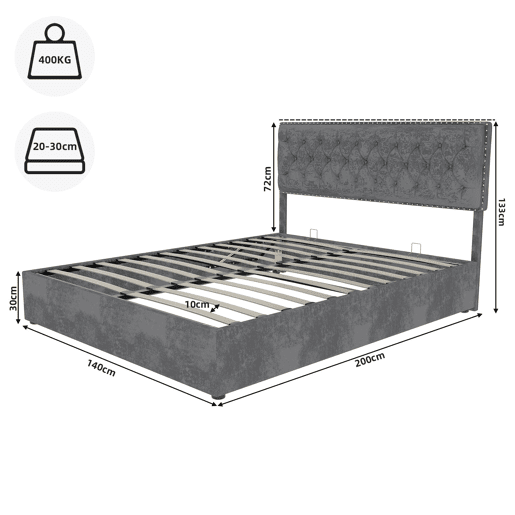 Cama estofada 140x200 - minimalista, cabeceira confortável, base alta com pistão - cinzenta