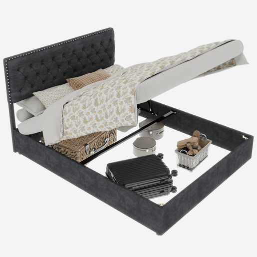 Cama estofada 140x200 - minimalista, cabeceira confortável, base alta com pistão - cinzenta