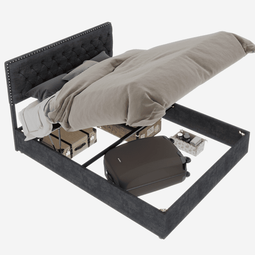 Cama estofada 140x200 - minimalista, cabeceira confortável, base alta com pistão - cinzenta
