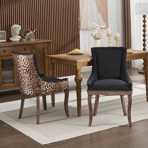 Cadeira de sala de jantar 2 unidades - Estofada em tecido grosso, pernas em madeira maciça, tachas em bronze - Leopardo