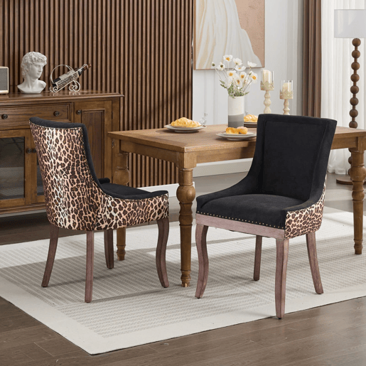 Cadeira de sala de jantar 2 unidades - Estofada em tecido grosso, pernas em madeira maciça, tachas em bronze - Leopardo
