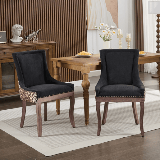 Cadeira de sala de jantar 2 unidades - Estofada em tecido grosso, pernas em madeira maciça, tachas em bronze - Leopardo