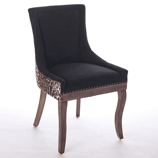 Cadeira de sala de jantar 2 unidades - Estofada em tecido grosso, pernas em madeira maciça, tachas em bronze - Leopardo
