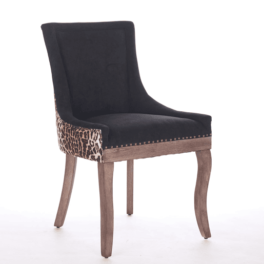 Cadeira de sala de jantar 2 unidades - Estofada em tecido grosso, pernas em madeira maciça, tachas em bronze - Leopardo