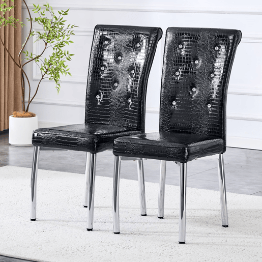 Cadeiras de sala de jantar 2 unidades - Estofadas em pele crocodilo retro, fivela em cristal, pernas em metal - Preto