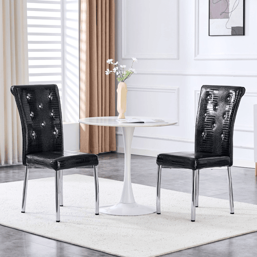 Cadeiras de sala de jantar 2 unidades - Estofadas em pele crocodilo retro, fivela em cristal, pernas em metal - Preto