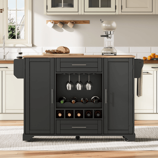Carrinho de cozinha 120x4570x92 cm - Com prateleira para vinho, suporte para copos, porta-temperos e toalheiro - Preto e Natural