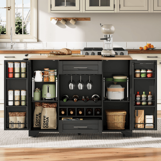 Carrinho de cozinha 120x4570x92 cm - Com prateleira para vinho, suporte para copos, porta-temperos e toalheiro - Preto e Natural