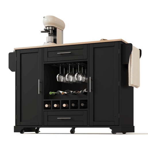 Carrinho de cozinha 120x4570x92 cm - Com prateleira para vinho, suporte para copos, porta-temperos e toalheiro - Preto e Natural